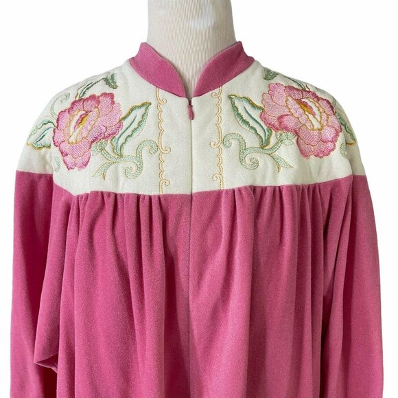 Vanity Fair Pink Robe Size L Zipper Front Fleece Floral Embroidery Vintage 1980s - Picture 3 of 9
